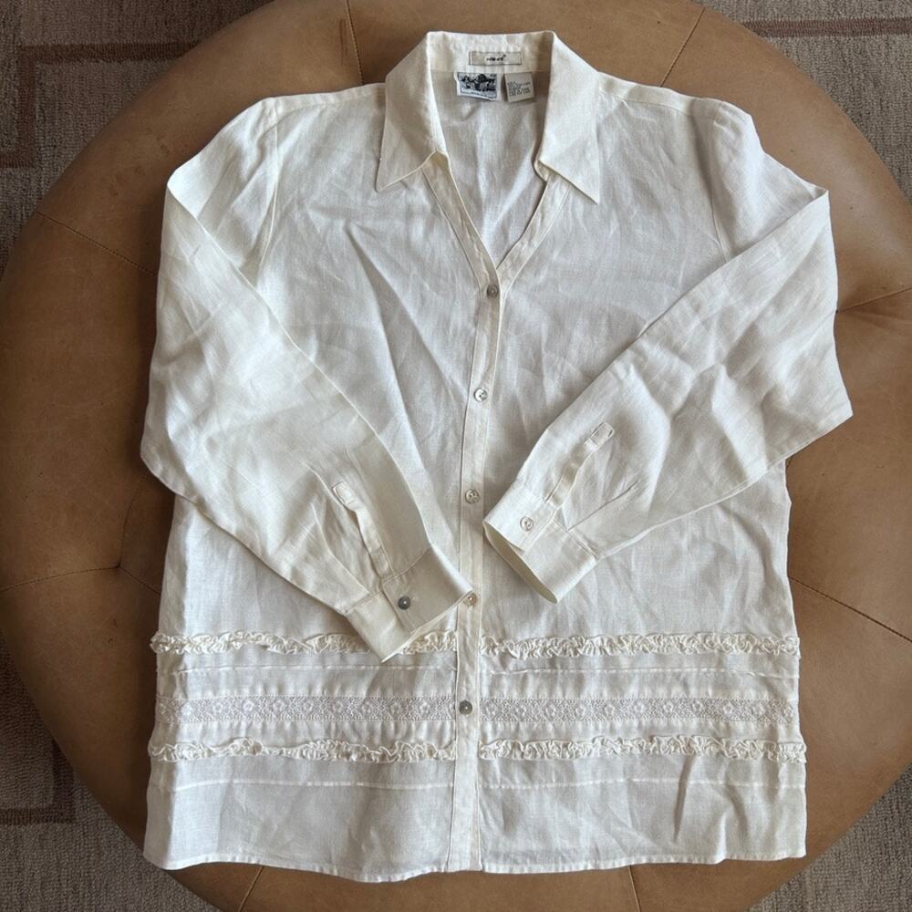 Vintage 100% Irish Linen Blouse Ivory Lace Ruffle Button Romantic Cottagecore L